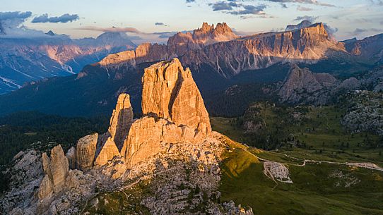 Sunset on the mountain complex of Cinque Torri, on background The Croda da Lago and Lastoi De Formin, Dolomites, Cortina d'Ampezzo, Italy