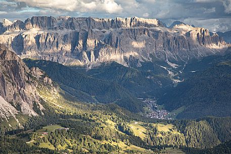 View from Seceda to the Sella group and Selva di Val Gardena, Dolomites, Ortisei, Italy View from Seceda to the Sella group and Selva di Val Gardena, Dolomites, Ortisei, Italy