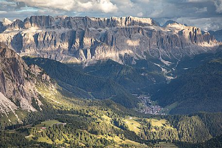 View from Seceda to the Sella group and Selva di Val Gardena, Dolomites, Ortisei, Italy