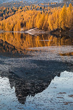 The Becco di Mezzod peak reflected on the waters of Lake Federa on an autumn morning, dolomites, Cortina D'Ampezzo, Italy