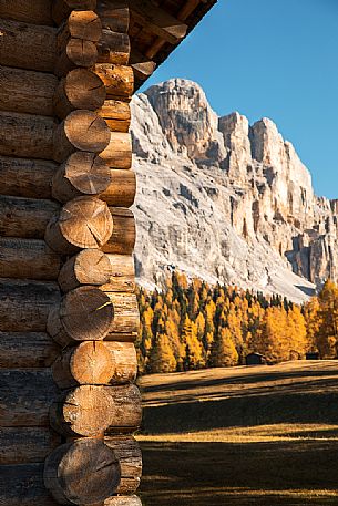 Barn in the Armentara meadows, Fanes Senes Braies natural park, Val Badia, Trentino Alto Adige, Italy