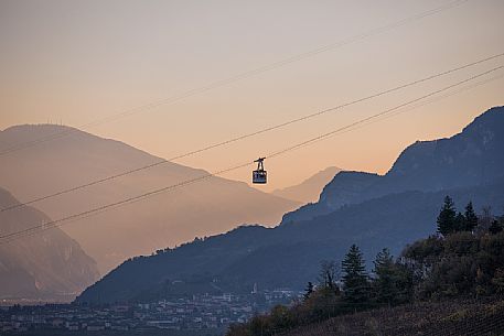 The cableway linking the town of Trento to its Sardagna hamlet at sunset, Trento, Trentino Alto Adige, Italy
