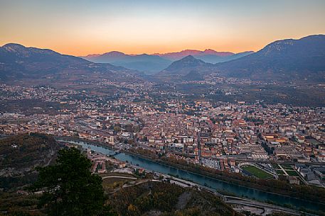 Top view of the city of Trento from the hamlet of Sardagna at twilight, Trento, Trentino Alto Adige, Italy