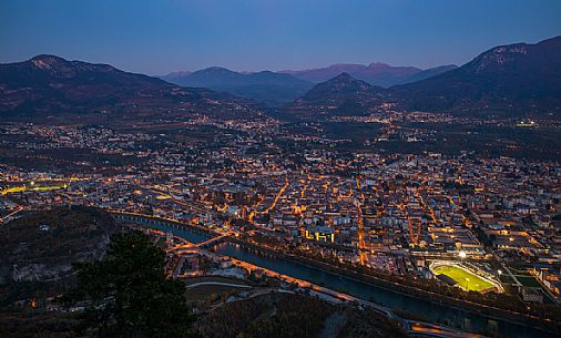 Top view of the city of Trento from the hamlet of Sardagna at nightfall, Trento, Trentino Alto Adige, Italy