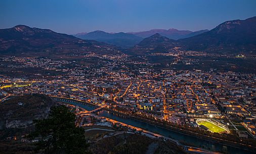 Top view of the city of Trento from the hamlet of Sardagna at nightfall, Trento, Trentino Alto Adige, Italy Top view of the city of Trento from the hamlet of Sardagna at nightfall, Trento, Trentino Alto Adige, Italy