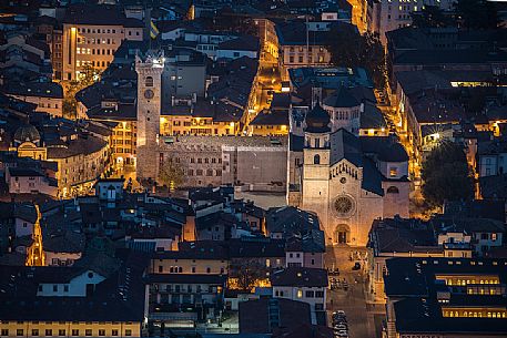 Night view of Piazza Duomo with the Civic Tower and the cathedral of San Vigilio from above, Trento, Trentino Alto Adige, Italy