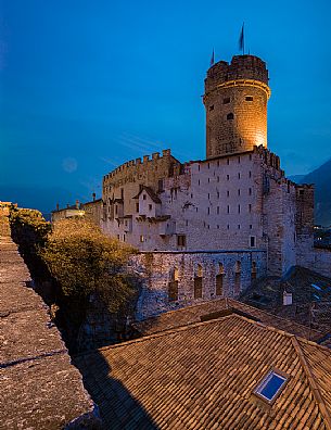 The castle of Buoncosiglio illuminated in the night time, Trento, Trentino Alto Adige, Italy