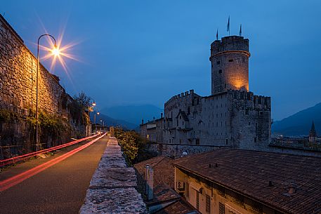 The castle of Buoncosiglio illuminated in the night time, Trento, Trentino Alto Adige, Italy