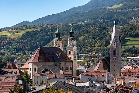 View from above of the City of Bressanone with Cathedral and bell tower of San Michele Arcangelo Church, Isarco valley, Trentino Alto Adige, Italy, Europe