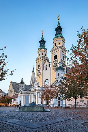 Duomo square with the cathedral of Bressanone during the blue hour, Isarco valley, Trentino Alto Adige, Italy, Europe Duomo square with the cathedral of Bressanone during the blue hour, Isarco valley, Trentino Alto Adige, Italy, Europe