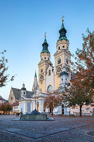 Duomo square with the cathedral of Bressanone during the blue hour, Isarco valley, Trentino Alto Adige, Italy, Europe