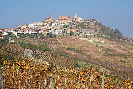The village of La Morra with the church of San Rocco and the Torre Campanaria immersed in the vineyards of the Langhe, Unesco World Heritage, Piedmont, Italy, Europe