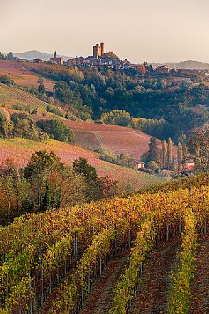 Serralunga d'Alba village with the homonymous castle and the vineyards of the Langhe, Unesco World Heritage, Piedmont, Italy, Europe