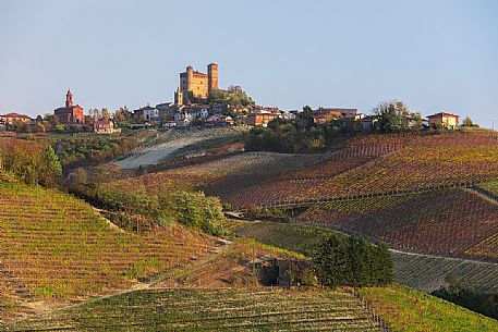 Serralunga d'Alba village with the homonymous castle and the vineyards of the Langhe, Unesco World Heritage, Piedmont, Italy, Europe