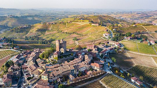 Serralunga d'Alba village with the homonymous castle and the vineyards of the Langhe, Unesco World Heritage, Piedmont, Italy, Europe