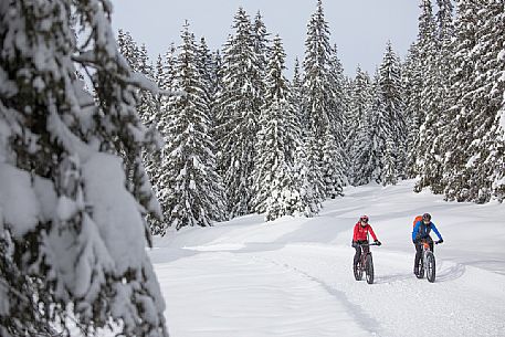 Two bikers along the path leading to the Nemes refuge, Sesto, Pusteria valley, Trentino Alto Adige, Italy, Europe Two bikers along the path leading to the Nemes refuge, Sesto, Pusteria valley, Trentino Alto Adige, Italy, Europe