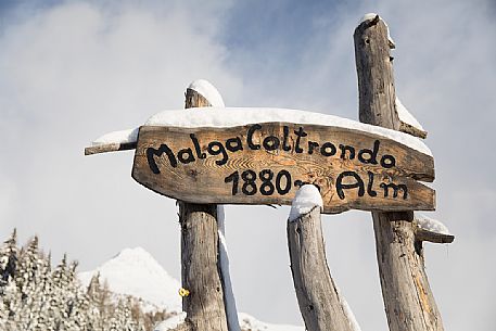 Wooden sign of the Coltrondo refuge covered by snow, on background the Col Quatern, Comelico Superiore, dolomites,Veneto, Italy, Europe
