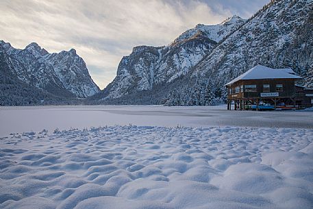 The Dobbiaco lake after an intensive snowfall, Dobbiaco, Pusteria valley, Trentino Alto Adige, Italy, Europe