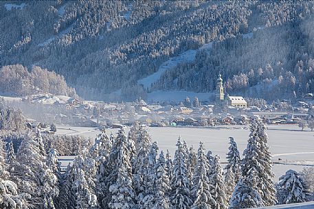 The village of Dobbiaco after an intense snowfall, Pusteria valley, dolomites, Trentino Alto Adige, Italy, Europe