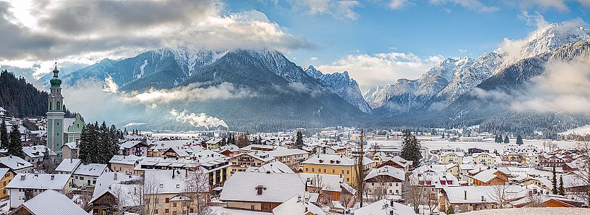 The village of Dobbiaco after an intense snowfall, Pusteria valley, dolomites, Trentino Alto Adige, Italy, Europe