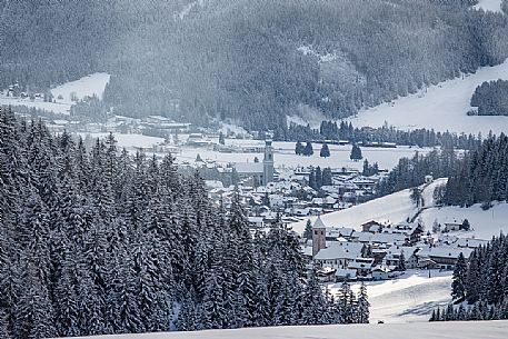 The village of Dobbiaco and San Silvestro valley after an intense snowfall, Pusteria valley, dolomites, Trentino Alto Adige, Italy