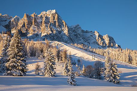 Sunrise on the tops of the Croda Rossa of Sesto or Rotwand from the Monte Croce Comelico Pass,  Pusteria valley, dolomites, Trentino Alto Adige, Italy, Europe
