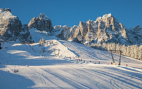Skiing slopes at the Monte Croce Comelico Pass and in the background the dolomites of Sesto, Pusteria valley, Trentino Alto Adige,Italy