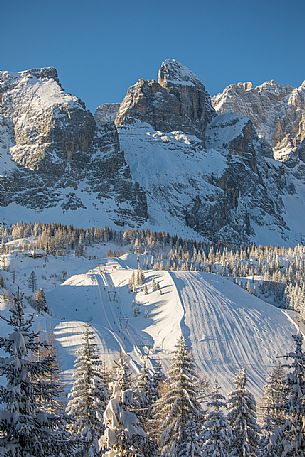 Skiing slopes at the Monte Croce Comelico Pass with the Pala di Popera on background, Comelico and Pusteria valley, Trentino alto Adige, Italy, Europe Skiing slopes at the Monte Croce Comelico Pass with the Pala di Popera on background, Comelico and Pusteria valley, Trentino alto Adige, Italy, Europe