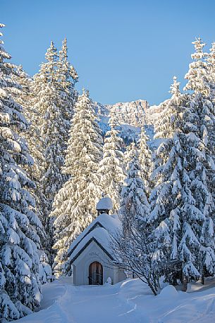 A little church near Monte Croce Comelico Pass, Pusteria valley, Trentino Alto Adige, Italy, Europe