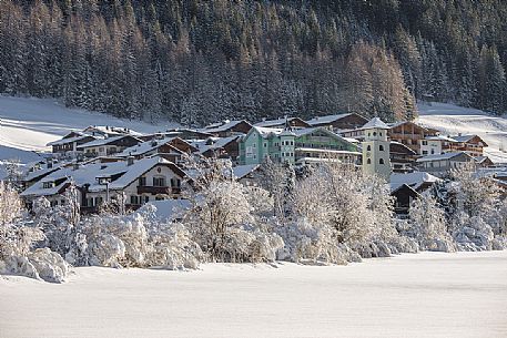 The village of Moso during a winter morning, Sesto, Alta Pusteria, Trentino Alto Adige, Italy, Europe