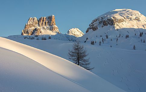 Mount Averau and ski traces in the fresh snow, Passo Falzarego pass, Cortina d'Ampezzo, dolomites, Veneto, Italy, Europe