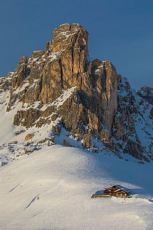 The Ra Gusela Mount and the Giau refuge near Giau pass, Cortina d'Ampezzo, dolomites, Veneto, Italy, Europe