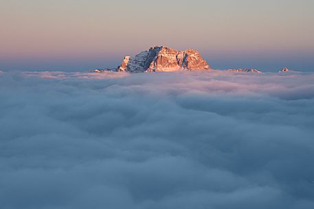 Sorapiss Mount above a sea of clouds at sunset, Cortina d'Ampezzo, dolomites, Veneto, Italy, Europe
