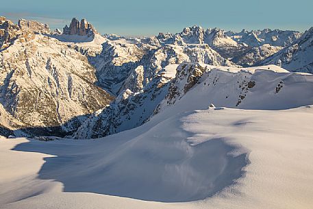 Panoramic view on the Tre Cime di Lavaredo  and Cadini di Misurina mountains along the path that leading to the Picco di Vallandro, Prato Piazza, Braies, Trentino Alto Adige, Italy