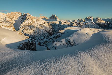 Panoramic view on the Tre Cime di Lavaredo  and Cadini di Misurina mountains along the path that leading to the Picco di Vallandro, Prato Piazza, Braies, Trentino Alto Adige, Italy