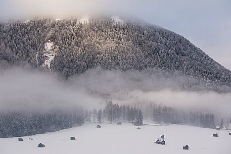 The barns of the fields of the Sesto's village during a foggy morning, Pusteria valley, dolomites, Trentino Alto Adige, Italy, Europe