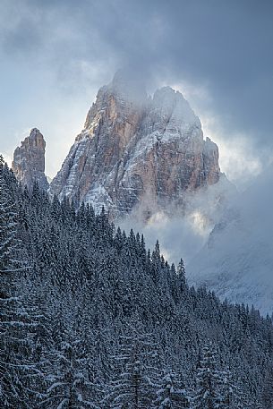 The Croda Dei Toni shrouded by the clouds, Sesto, Pusteria valley, dolomites, Trentino Alto Adige, Italy, Europe