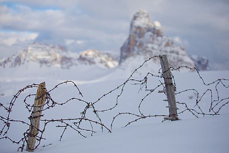 Traces of the great war from Piana Mount, on background the Tre Cime di Lavaredo and the Dolomites of Sesto, Auronzo di Cadore, Veneto, Italy Traces of the great war from Piana Mount, on background the Tre Cime di Lavaredo and the Dolomites of Sesto, Auronzo di Cadore, Veneto, Italy