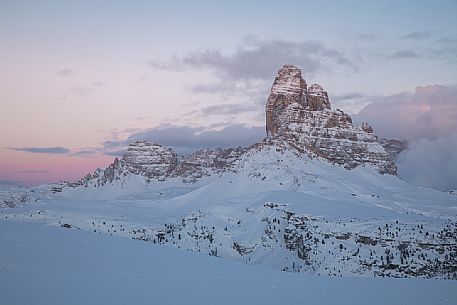 Last light from Monte Piana to Tre Cime di Lavaredo peak and Dolomites of Sesto, Auronzo di Cadore, Veneto, Italy, Europe Last light from Monte Piana to Tre Cime di Lavaredo peak and Dolomites of Sesto, Auronzo di Cadore, Veneto, Italy, Europe