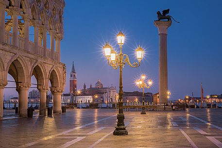 San Marco square by night with the church of Saint Giorgio Maggiore on background, Venice, Italy, Europe San Marco square by night with the church of Saint Giorgio Maggiore on background, Venice, Italy, Europe