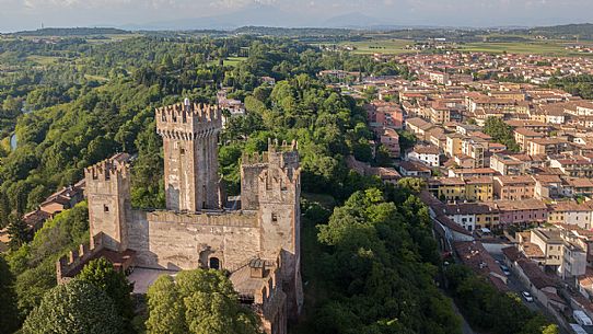 Scaligero Castle and the village of Valeggio sul Mincio from above, Veneto