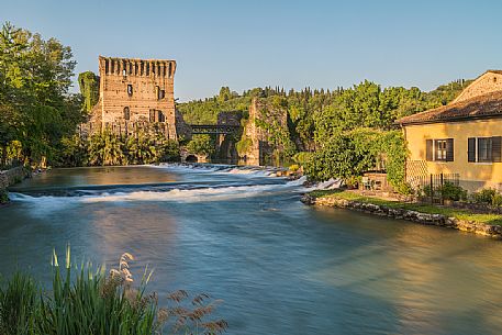 A view of the town of Borghetto, in the background the Visconteo bridge, Valeggio sul Mincio, Veneto, Italy, Europe