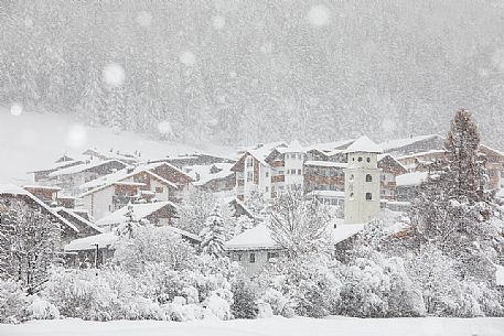 The village of Moso under an intensive snowfall, Sesto, Alta Pusteria, dolomites, Trentino Alto Adige, Italy, Europe The village of Moso under an intensive snowfall, Sesto, Alta Pusteria, dolomites, Trentino Alto Adige, Italy, Europe