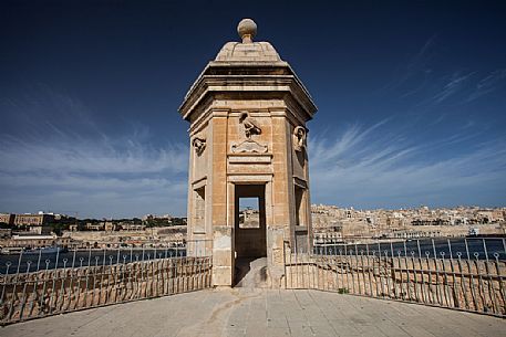 Senglea guard tower and the La Valletta, Valetta city, Malta Senglea guard tower and the La Valletta, Valetta city, Malta