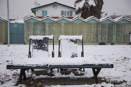 Snowy landscape of Forte dei Marmi beach, Versilia, Tuscany, Italy, Europe Snowy landscape of Forte dei Marmi beach, Versilia, Tuscany, Italy, Europe