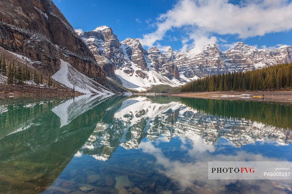 The quite vision of Moraine lake one of the most beautiful landscape of the Rockies