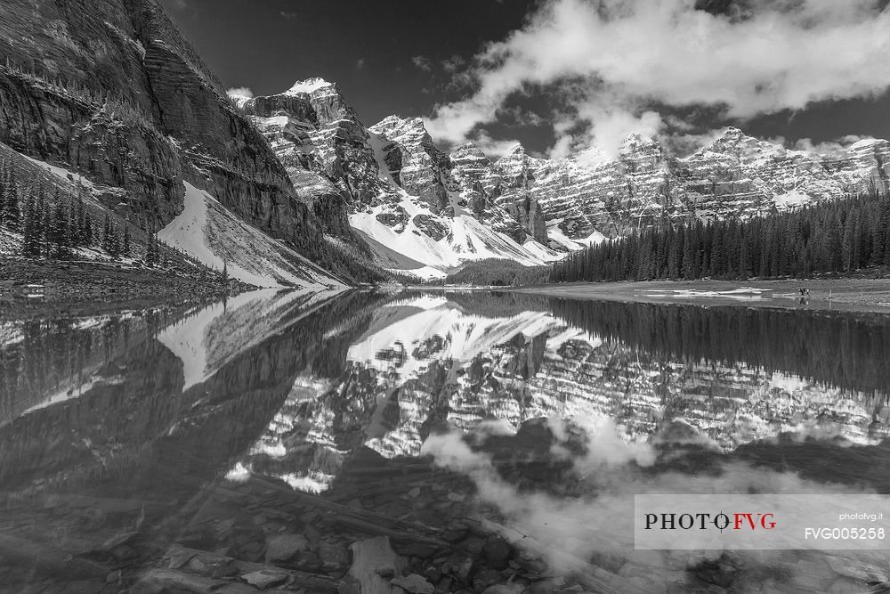 The quite vision of Moraine lake one of the most beautiful landscape of the Rockies