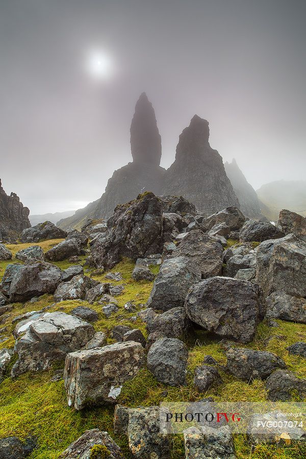 Old Man Of Storr.
The ancient landscape above the Trotternish Hills during a rainy day.