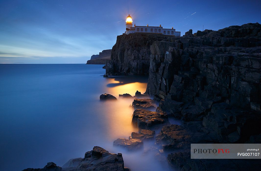 Star trail above the lighthouse of Neist Point just after the afterglow time