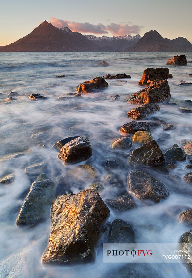 The last light hits the Cuillin Hills. From Elgol Beach